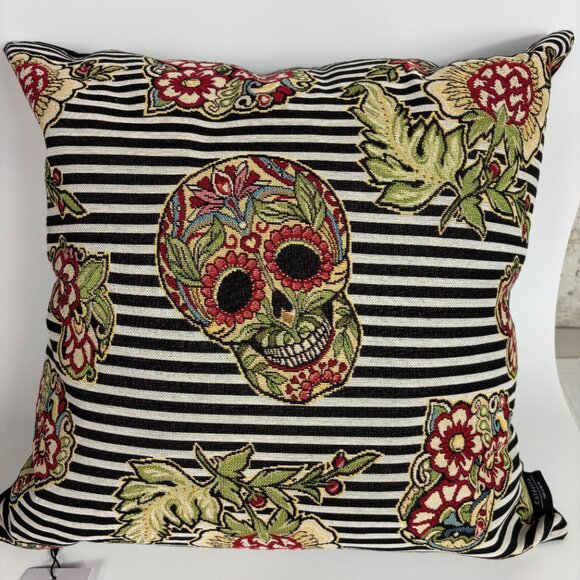 Caldeira Throw Pillow Black Tapestry Sugar Skull Day Of The Dead Feather Filled - Picture 6 of 9